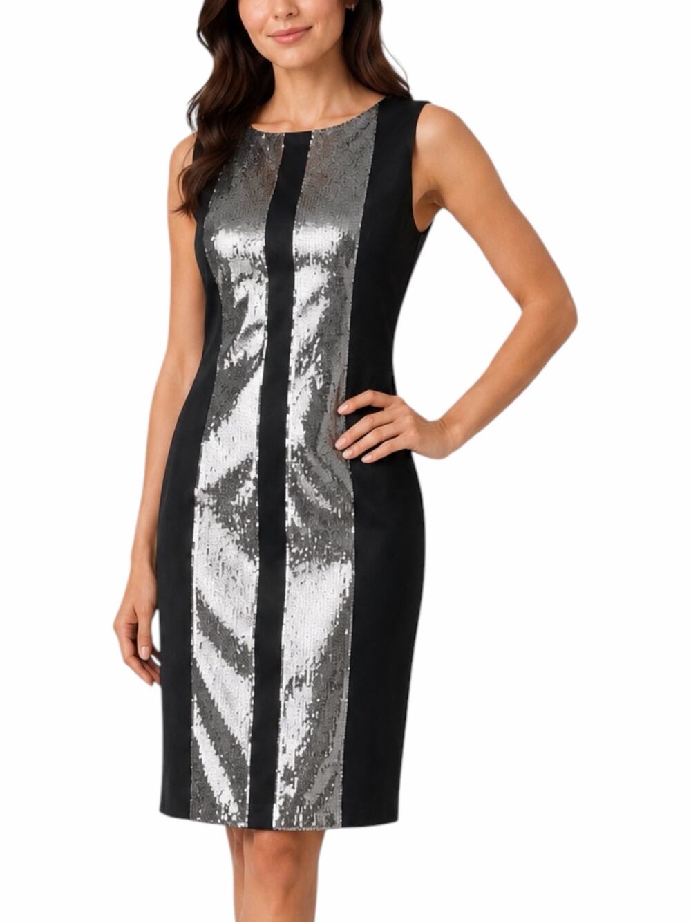 Teri Jon Sequin Stripe Mini Cocktail Dress Sleeveless Gray Size 2